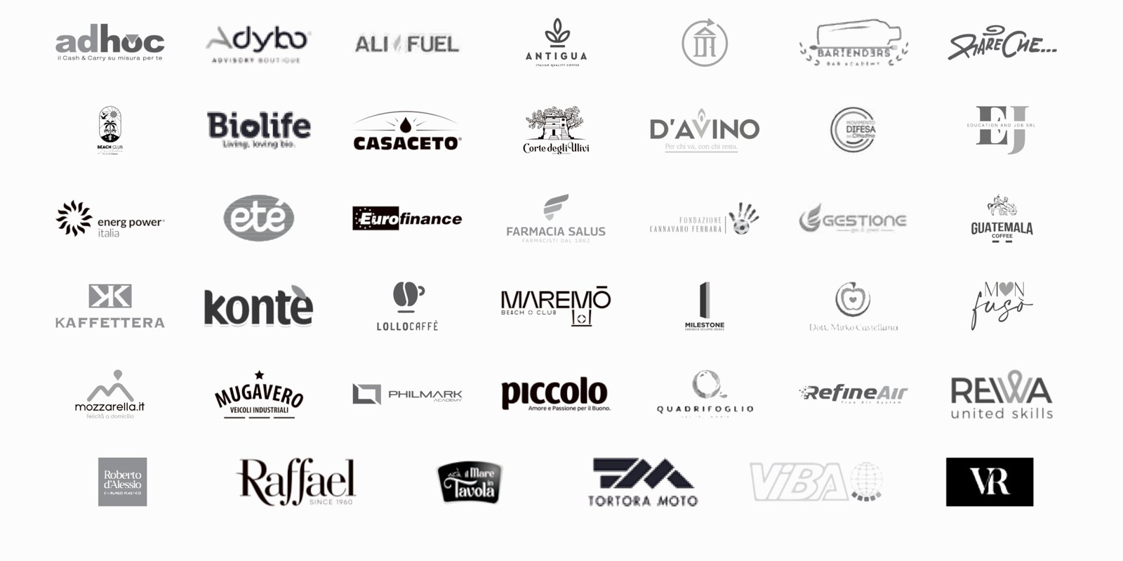 Loghi dei clienti: Ad Hoc, Adybo, Ali Fuel, Antigua, Biolife, Casaceto, D'Avino, Eurofinance, Farmacia Salus, Kaffettera, Konte, Lollocaffè, Maremo, Milestone, Mugavero, Philmark, Piccolo, Quadrifoglio, RefineAir, Rewa, Raffael, Tortora Moto e altri